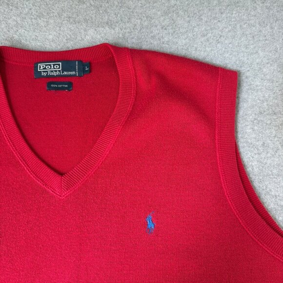POLO by Ralph Lauren Y2K Mens Red Sweater Vest V-Neck Blue Pony Logo Size Large - Picture 10 of 13